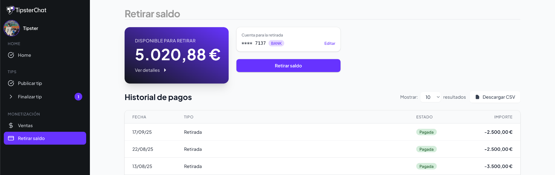 Pantalla de retiro mostrando saldo disponible